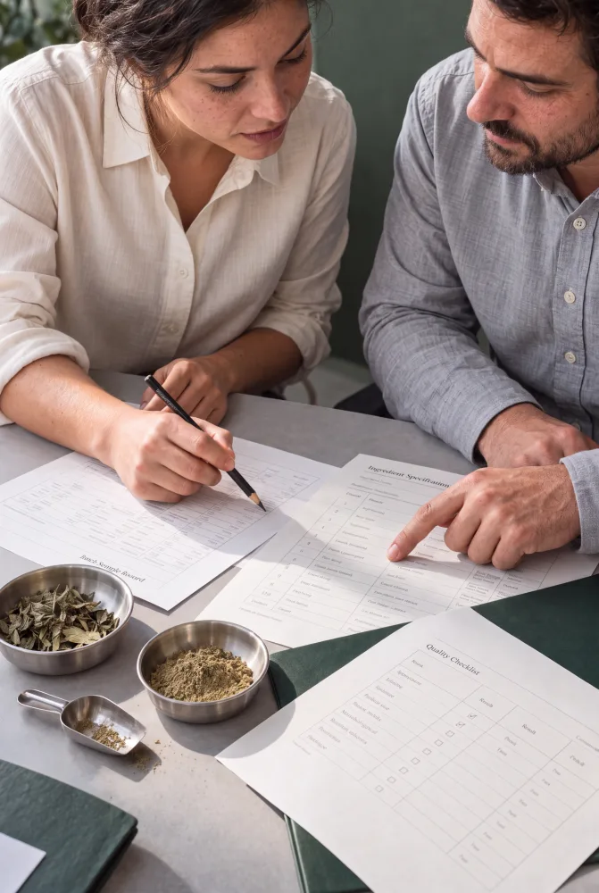 Two people reviewing product samples